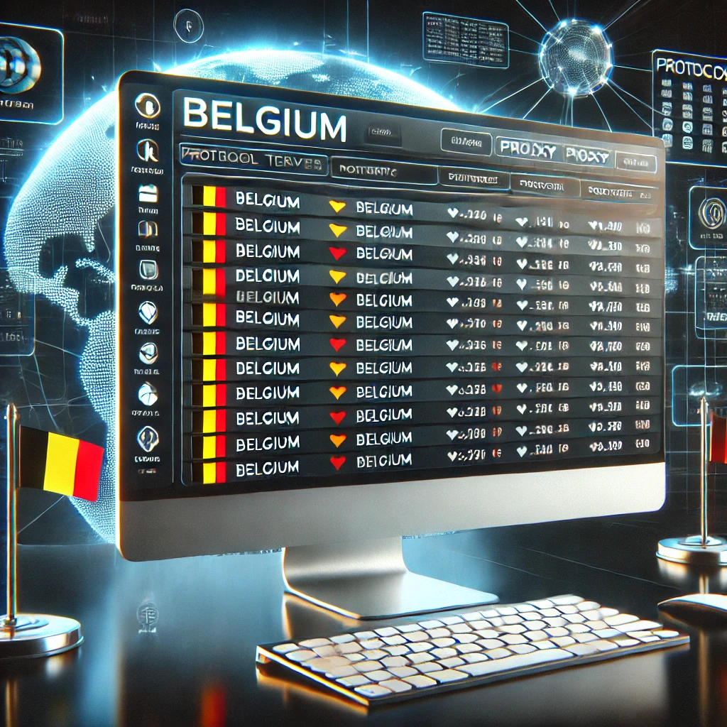 Digital dashboard displaying a list of Belgium proxies with flags, featuring options for filtering, protocol types, and export features, emphasizing privacy and security