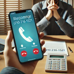 Hand holding a phone showing 210-216-1521 with a red warning symbol, indicating a potential scam call.