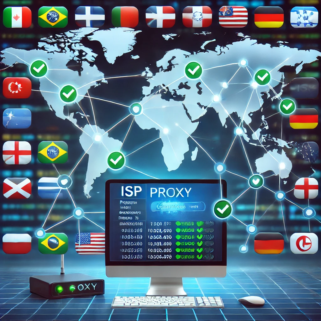 Illustration of a digital world map with country flags connected by network lines, symbolizing seamless global connectivity through ISP proxies.