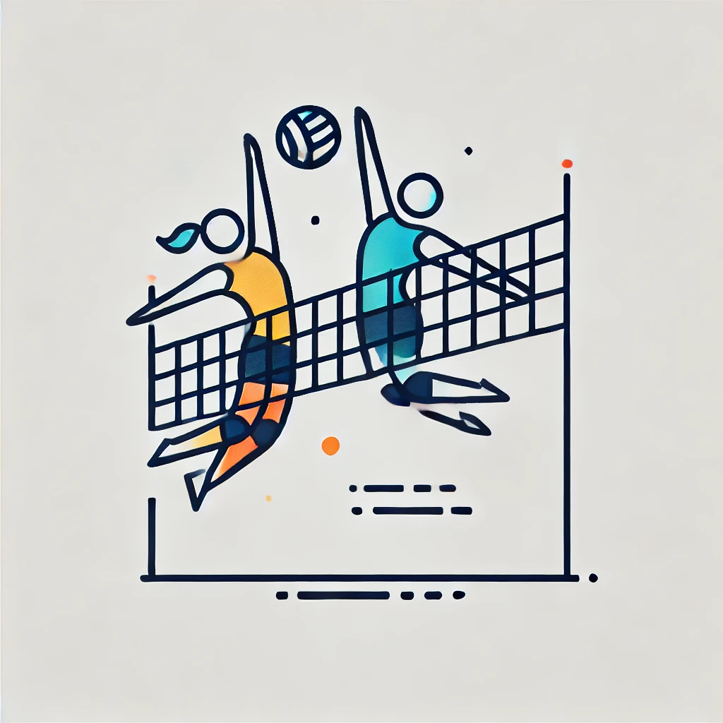 Minimalist clip art of two volleyball players jumping to hit a volleyball over the net, using simple lines and geometric shapes in bright colors, perfect for social media and promotional posters.