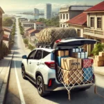 A car in Rena Monrovia with its trunk open, carrying organized cargo, secured with ropes and a cargo net. The vehicle is parked on a smooth urban street with clear skies.