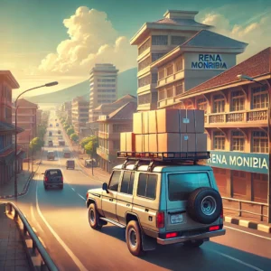 A vehicle in motion through Rena Monrovia with large items secured on its roof rack. The car travels along a well-paved road under bright skies, showcasing safe transport.