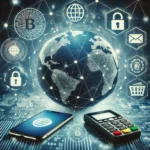 Digital payment concept showing secure online transactions with encryption symbols, mobile payment icons, and a global network background representing worldwide connectivity and security.