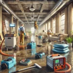 Restoration professionals using industrial equipment like pumps, vacuums, air movers, and dehumidifiers to extract water and dry a flooded interior.
