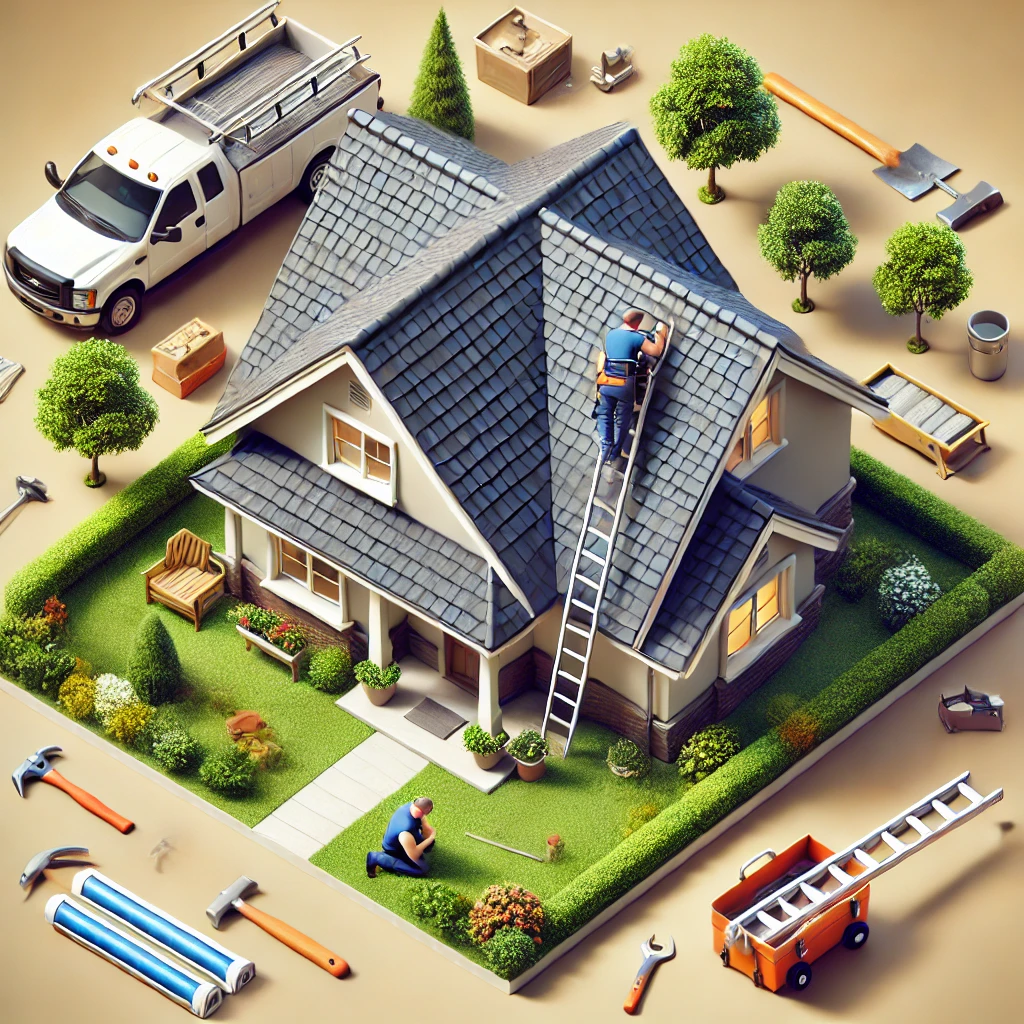 A house with a clean asphalt shingle roof being inspected by a roofing contractor. A ladder is leaning against the house, with tools visible in the yard.