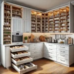 A modern kitchen featuring neatly organized cabinets and drawers. The upper cabinets display a variety of dishes, glasses, and plates, while the lower drawers store kitchen utensils, pots, and pans.