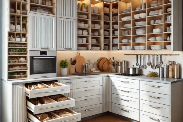 Maximizing Storage with Kitchen Cabinet Remodeling A modern kitchen featuring neatly organized cabinets and drawers. The upper cabinets display a variety of dishes, glasses, and plates, while the lower drawers store kitchen utensils, pots, and pans.