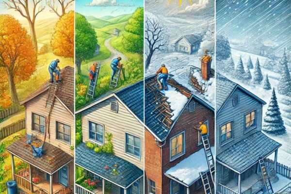 The Best Time of Year for Roof Repairs and Replacement Illustration of roof repairs across four seasons: spring, summer, fall, and winter. Each section shows weather conditions and roofing crews working on roofs.