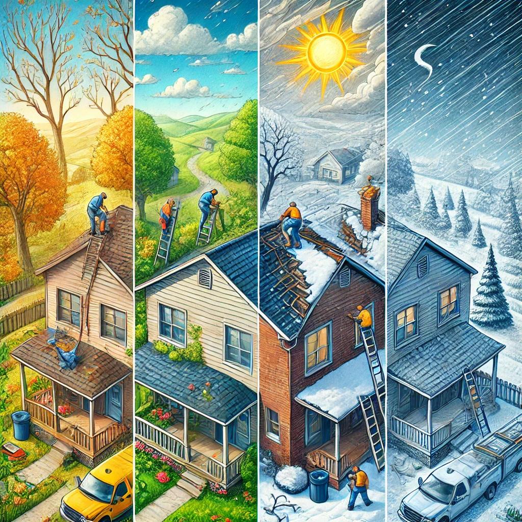 Illustration of roof repairs across four seasons: spring, summer, fall, and winter. Each section shows weather conditions and roofing crews working on roofs.