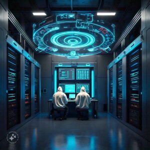 High-tech data center with secure servers, encryption protocols, and IT professionals ensuring data protection.