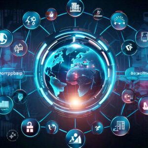 Поррозаб concept interface: interconnected industries with glowing pathways and digital globe.