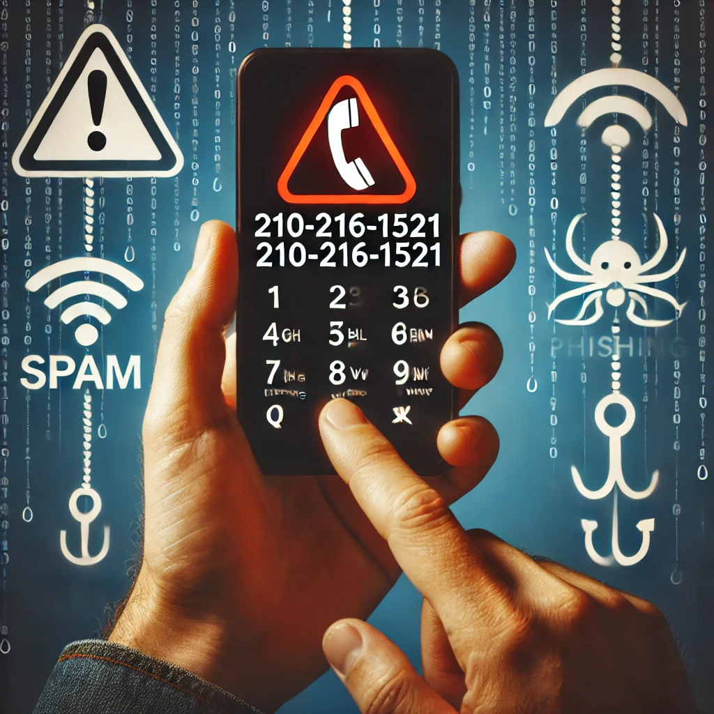 Smartphone displaying an incoming call from 210-216-1521 on a desk in an office setting.