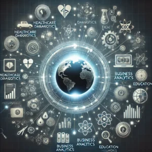 A digital representation of 'Поррозаб' showing interconnected healthcare diagnostics, business analytics, and education tools, centered around a glowing globe, depicting its multi-industry impact.