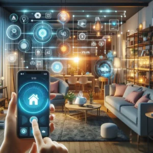 A modern smart home interior showcasing Chliphot home automation. The room features soft ambient lighting, smart devices like speakers and security cameras, and a person using a smartphone to control the settings, emphasizing convenience and comfort in a connected living space.