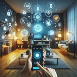 A modern smart home interior showcasing Chliphot home automation. The room features soft ambient lighting, smart devices like speakers and security cameras, and a person using a smartphone to control the settings, emphasizing convenience and comfort in a connected living space.