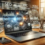 A modern workspace showing a laptop with an analytics dashboard displaying real-time marketing data, surrounded by icons representing SEO, PPC advertising, mobile marketing, and content creation, symbolizing the comprehensive digital marketing services offered by iZoneMedia360.com.