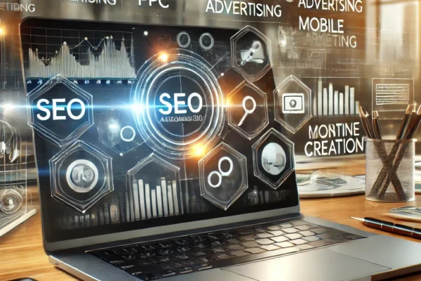 iZoneMedia360.com: Revolutionizing Digital Marketing Solutions A modern workspace showing a laptop with an analytics dashboard displaying real-time marketing data, surrounded by icons representing SEO, PPC advertising, mobile marketing, and content creation, symbolizing the comprehensive digital marketing services offered by iZoneMedia360.com.
