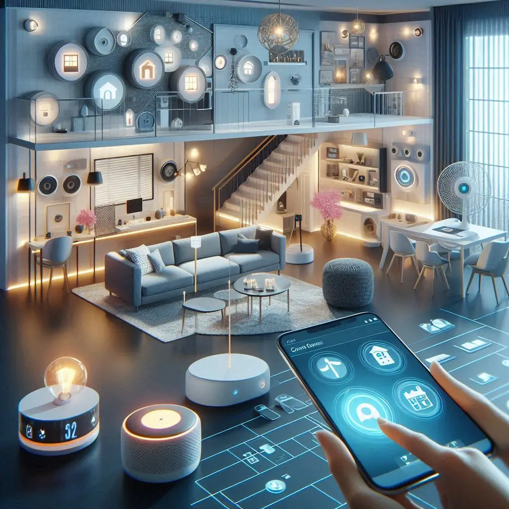 A modern smart home interior showcasing Chliphot home automation. The room features soft ambient lighting, smart devices like speakers and security cameras, and a person using a smartphone to control the settings, emphasizing convenience and comfort in a connected living space.