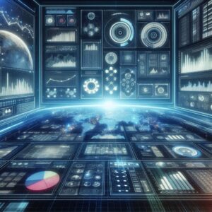 Digital landscape representing data-driven decision-making with graphs, real-time analytics, and predictive tools that guide sales strategies. The image has a futuristic command center feel with high-tech digital visuals.