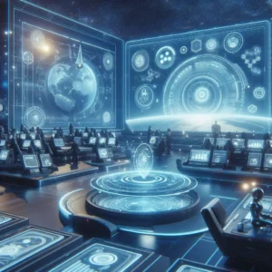 A futuristic scene with automated devices and virtual tools, including holographic screens and data servers, illustrating Dannicumm’s advanced approach to enterprise solutions and marketing.