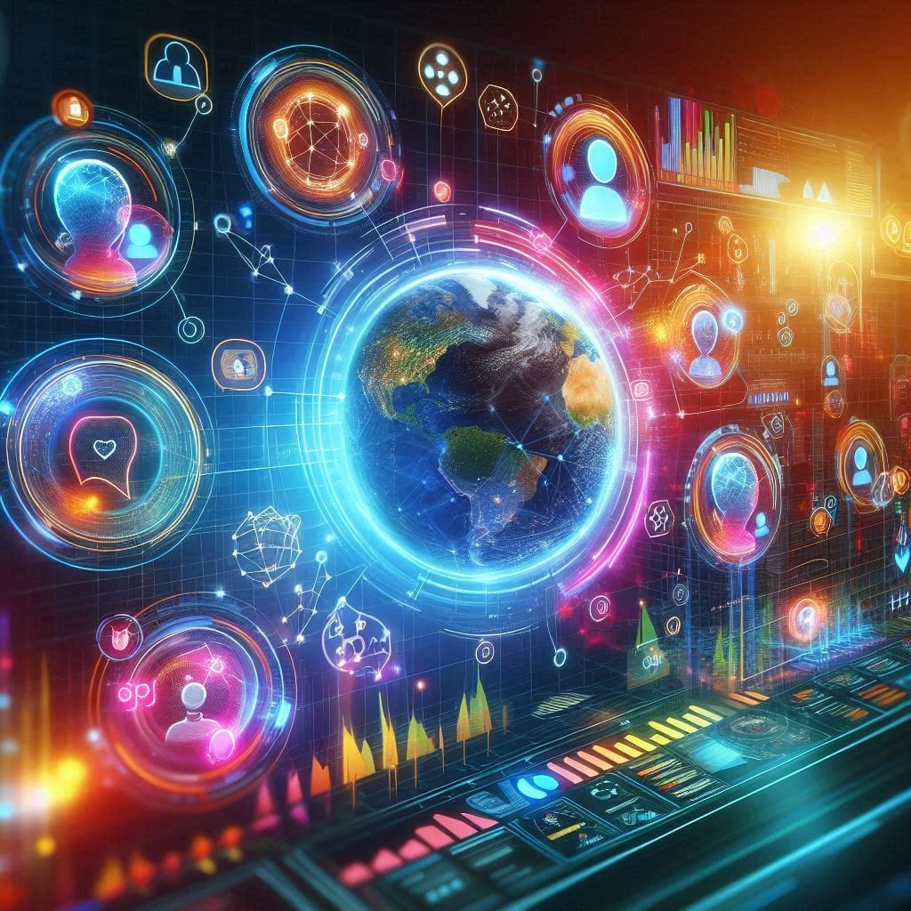 A futuristic social media interface showing a vibrant and interactive community with digital profile icons, chat bubbles, and engaging analytics representing Fapegram's unique features.