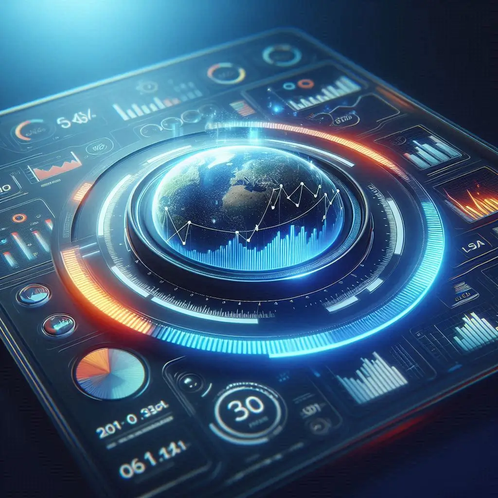 A sleek digital dashboard displaying marketing analytics and performance metrics on a vibrant, modern interface, representing innovation in digital marketing solutions.