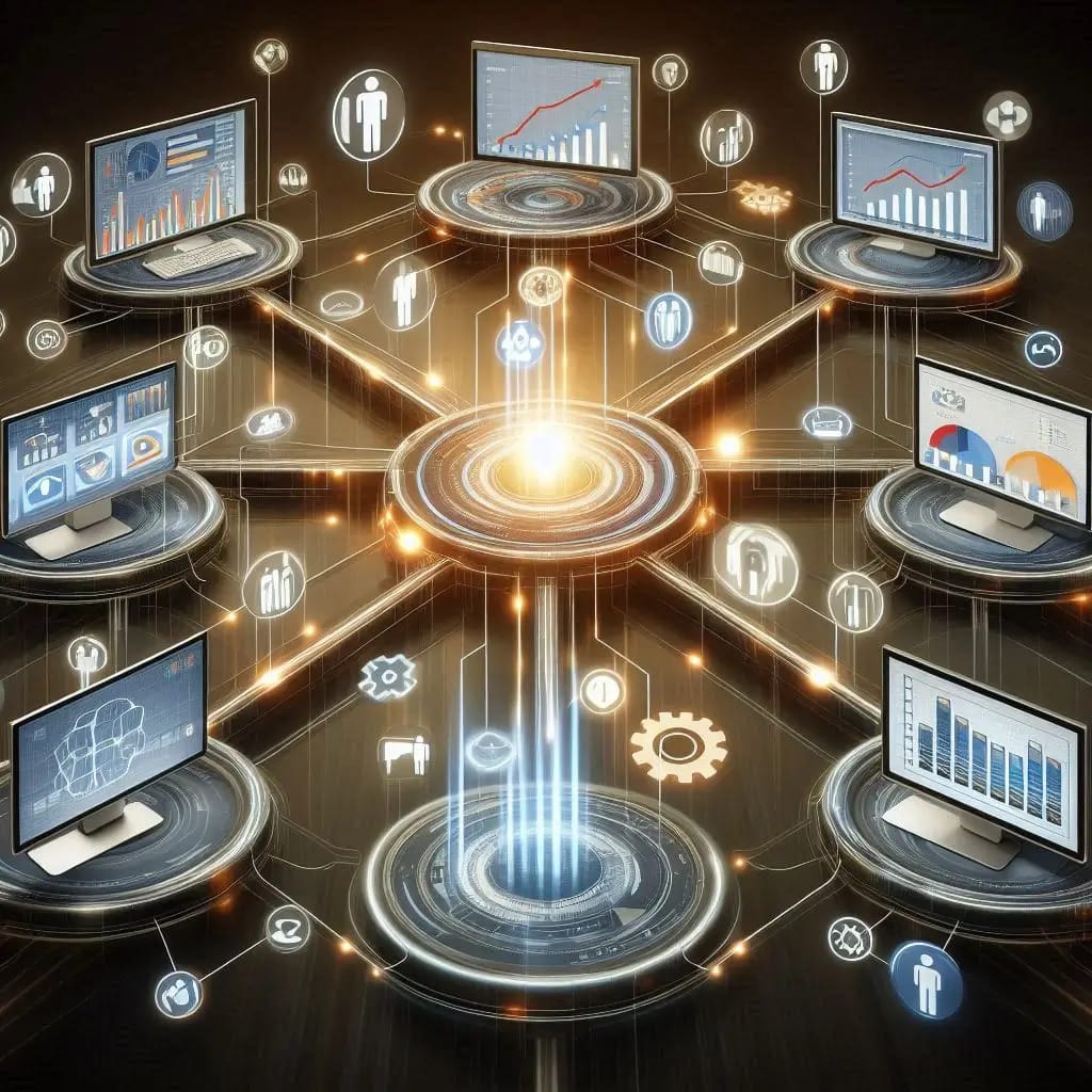 Visual representation of multiple digital screens displaying various sales tools and software integrating seamlessly together. The screens show charts, lead management, and CRM systems interconnected with glowing lines indicating synchronization.