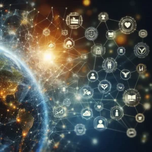 Abstract graphic of interconnected data nodes showing a seamless flow of information across industries like finance, healthcare, and retail, highlighting digital transformation and adaptability.