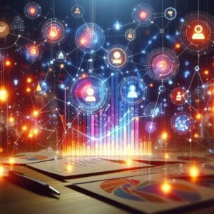 Abstract visualization of sales analytics as interconnected nodes, each representing key data points like conversion rates, leads, and customer information. The design features glowing lines and vibrant, digital colors.