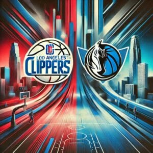 Artistic illustration featuring the Los Angeles Clippers and Dallas Mavericks logos in the center, surrounded by a dynamic, modern background with subtle basketball court elements. The design uses bold colors and has a sleek, high-energy vibe.