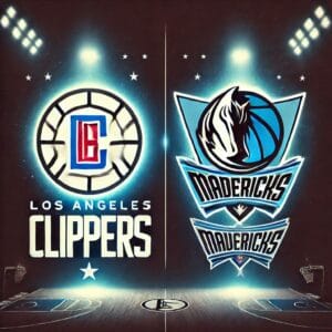 Minimalist image with the Los Angeles Clippers and Dallas Mavericks logos on a dark background, each logo with a glowing effect and faint basketball court details.