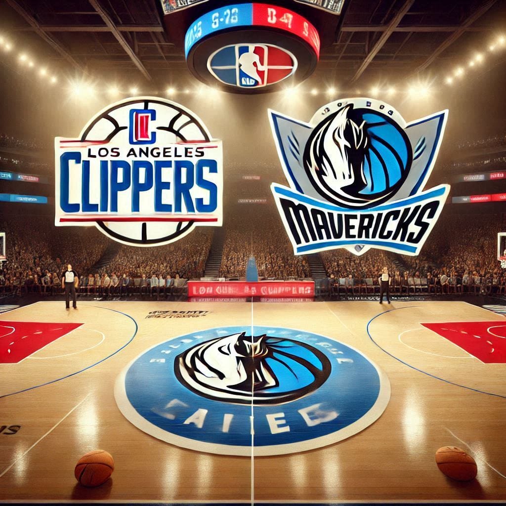 Logos of the Los Angeles Clippers and Dallas Mavericks side by side on a basketball court, with spotlight effects on each logo. The background has court lines and a scoreboard in the distance, providing a clean and professional sports atmosphere.
