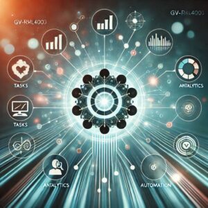 Abstract visualization of workflow optimization with interconnected nodes or pathways leading to a central hub symbolizing Gv-rml4005. Includes icons for tasks, analytics, and automation surrounded by a glowing, energetic aura, with a gradient background in tones of teal and white.