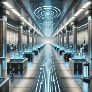 Futuristic factory floor or office environment where tasks are seamlessly managed by an AI-driven system. Glowing lines connect various stations or departments, representing automation and smooth operations. The design uses metallic tones with soft blue highlights for a modern, high-tech feel.