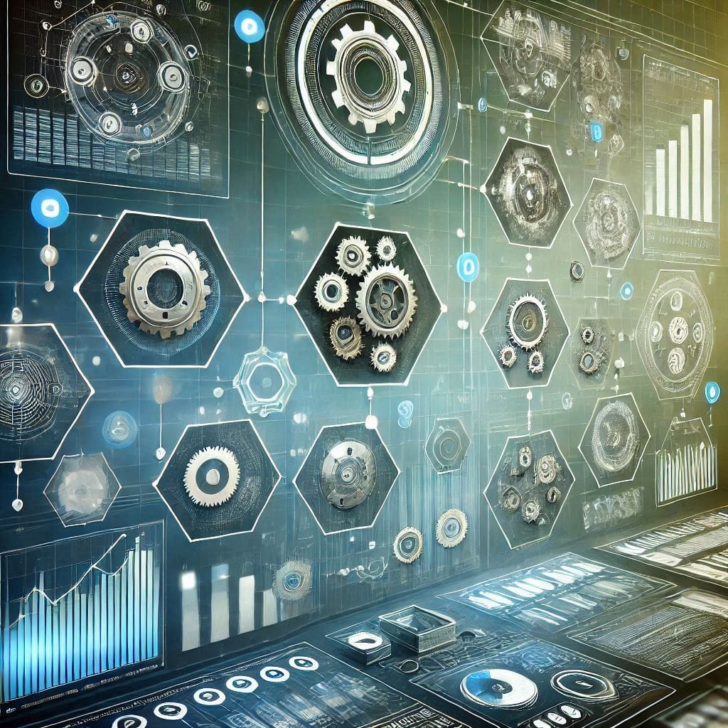 Futuristic interface showing interconnected tasks being automated and streamlined, with elements like gears, flowcharts, and digital dashboards. The design uses a professional, modern color palette with blues, whites, and green accents, against a background with a subtle gradient or abstract tech patterns.